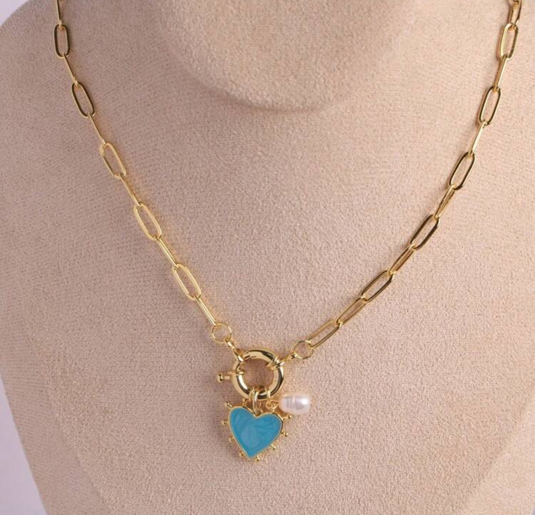 Heart Pearl Chunky Charm Chain Necklace