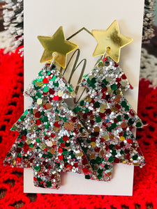 Confetti Glitter Christmas Tree Earrings with Star