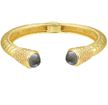 Jeweled Ended Ornate Hammered Gold Cuff Bracelets