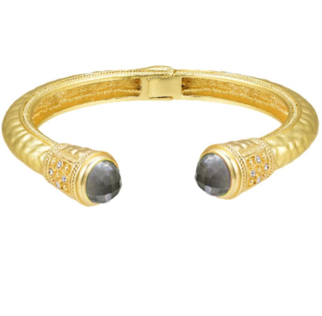 Jeweled Ended Ornate Hammered Gold Cuff Bracelets