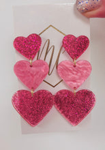 Triple Heart Glitter Acrylic Valentine Earrings -Descending