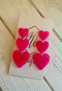 Triple Heart Glitter Acrylic Valentine Earrings -Descending