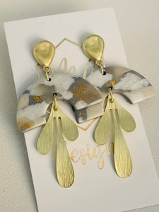 Gold Top Clay White Gray Gold Dangle Earrings