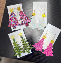 Leather Glitter Christmas Trees with a Star Top Earrings
