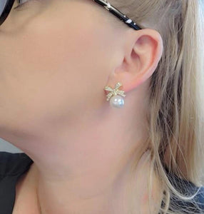 Pearl Bow Rhinestone Post Dangle Earrings