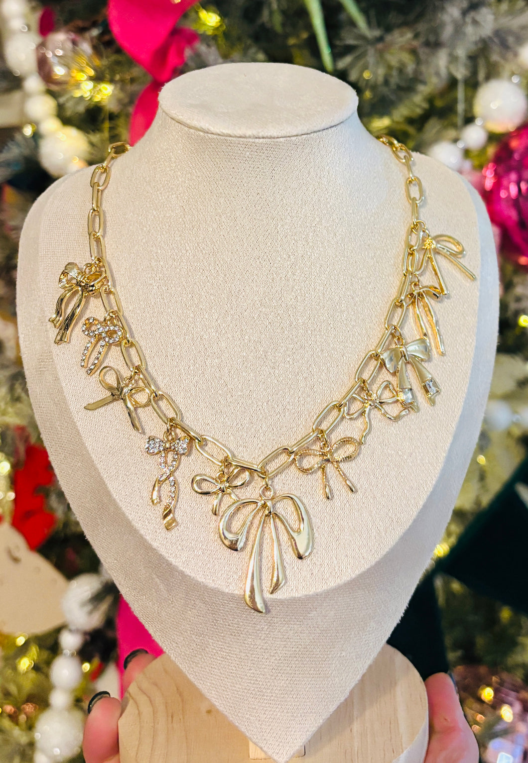 Gold Bow Simple Charm and Rhinestone Necklaces