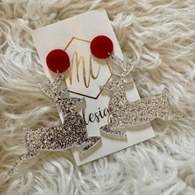 Silver Glitter Leaping Reindeer Christmas Earrings