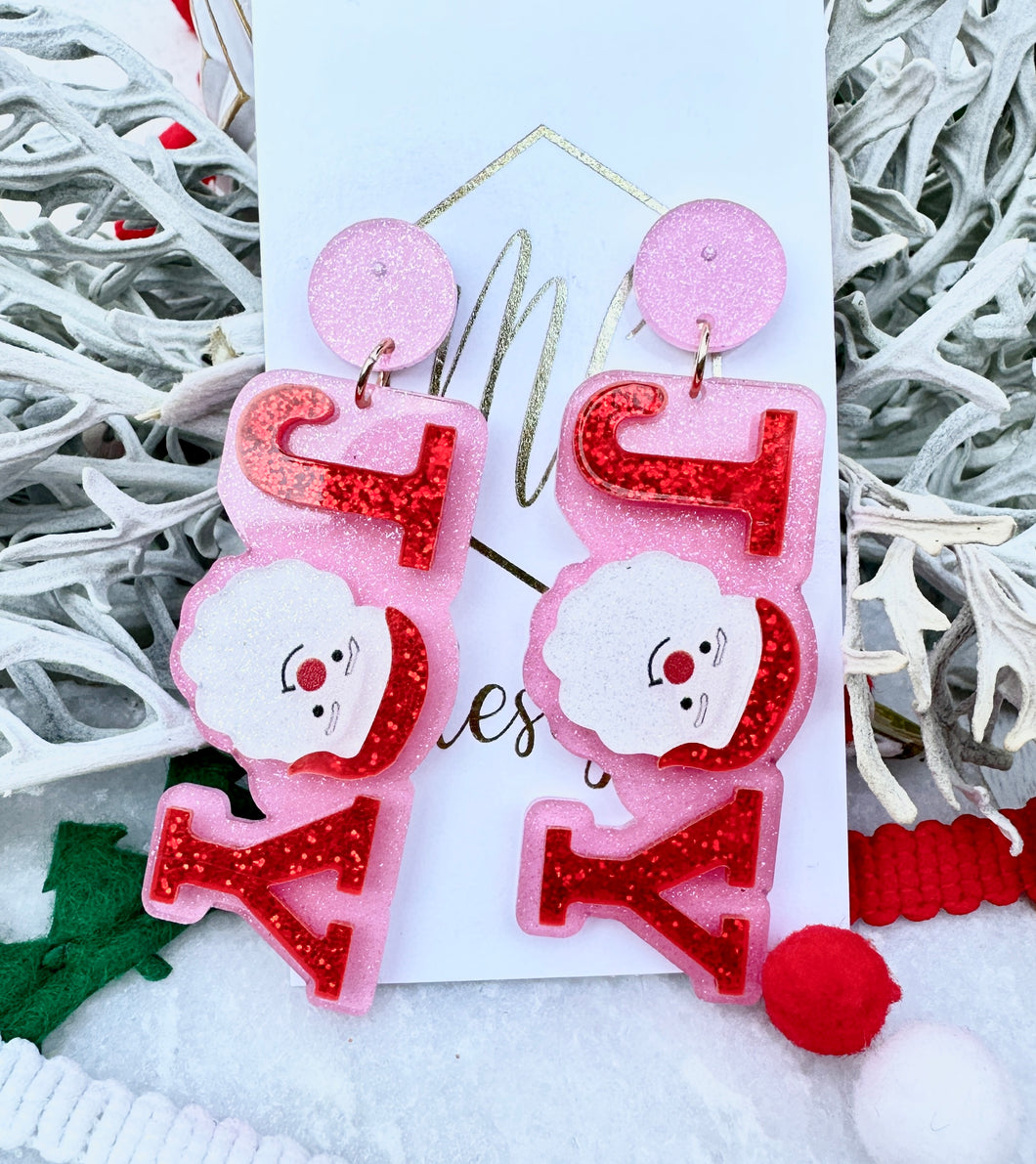 Fun Glitter JOY Santa Christmas Acrylic Earrings