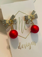 Red Pearl Rhinestone Bow Earrings (small)