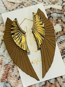 Leather and Gold Wing Earrings