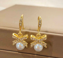 Pearl Bow Rhinestone Post Dangle Earrings