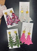 Leather Glitter Christmas Trees with a Star Top Earrings