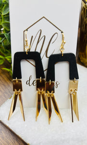 GEO ARCH WOOD GOLD METAL DROP EARRINGS