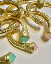 Jeweled Ended Ornate Hammered Gold Cuff Bracelets