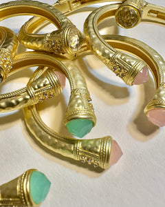 Jeweled Ended Ornate Hammered Gold Cuff Bracelets