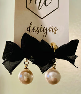 Black Bow and Pearl Earrings