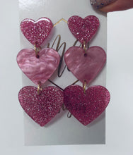 Triple Heart Glitter Acrylic Valentine Earrings -Descending