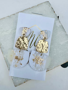 White and Gold Flake Clay Earrings