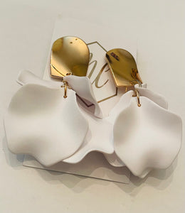 Gold Dangle Flower Petal Earrings with Shiny Gold Top