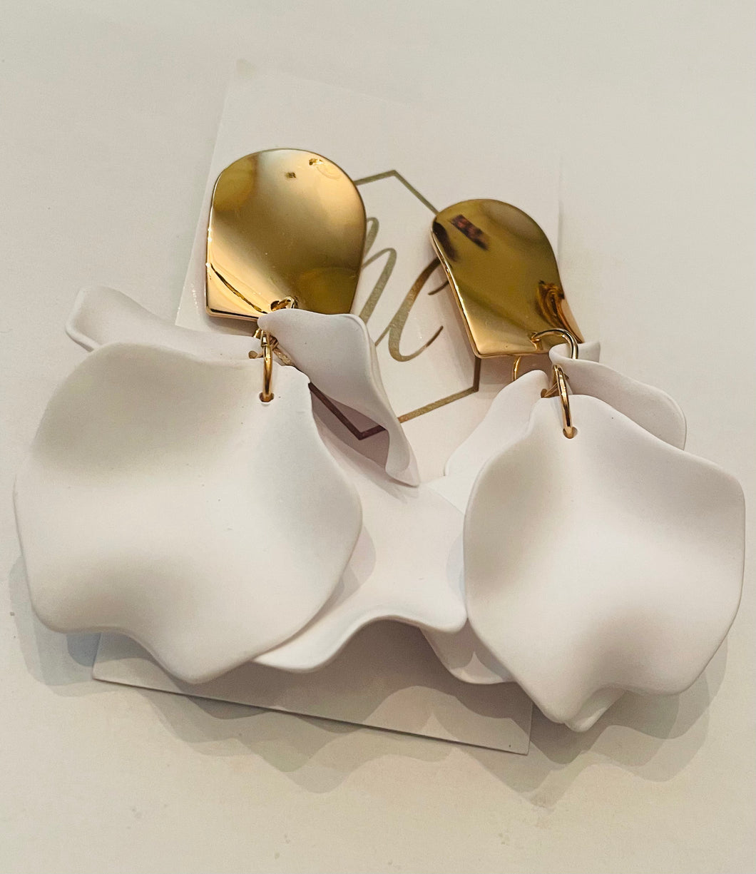 Gold Dangle Flower Petal Earrings with Shiny Gold Top