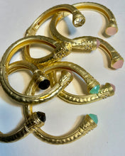 Jeweled Ended Ornate Hammered Gold Cuff Bracelets