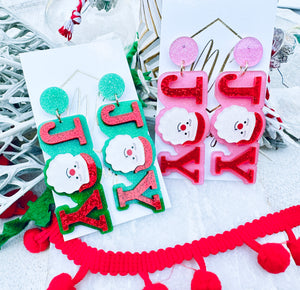 Fun Glitter JOY Santa Christmas Acrylic Earrings