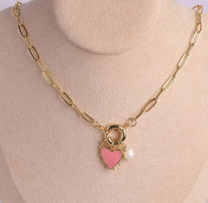 Heart Pearl Chunky Charm Chain Necklace