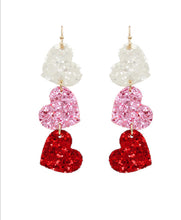 Triple Glitter and Gold Valentine Heart Earrings