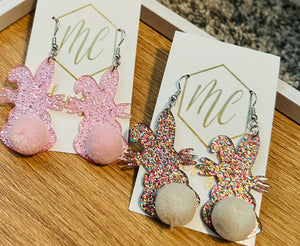 Glitter Bunny with Pom Pom Tail Earrings