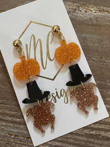 Glitter Acrylic Pumpkin Hat Turkey Earrings