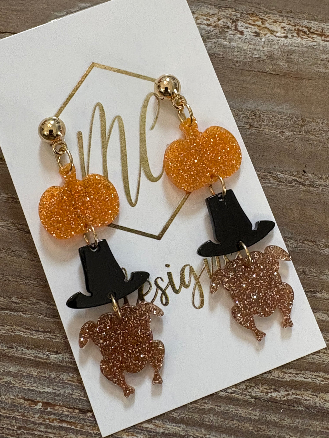 Glitter Acrylic Pumpkin Hat Turkey Earrings