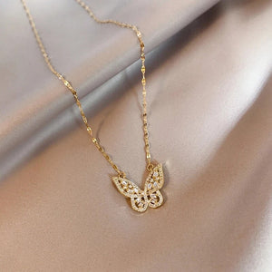 Gold and Small Rhinestone Butterfly Necklace