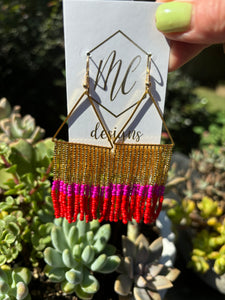 Loom Beaded Fringe Gold Triangle Earrings