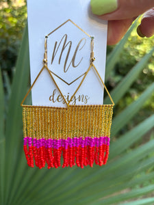 Loom Beaded Fringe Gold Triangle Earrings