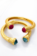 Jeweled Ended Ornate Hammered Gold Cuff Bracelets