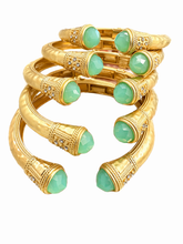Jeweled Ended Ornate Hammered Gold Cuff Bracelets