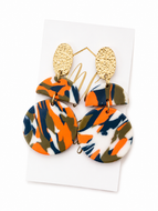 Triple bright orange/white/blue clay earrings