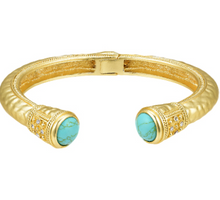 Jeweled Ended Ornate Hammered Gold Cuff Bracelets