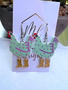 Fun Cowgirl Boots Chicken Acrylic Earrings