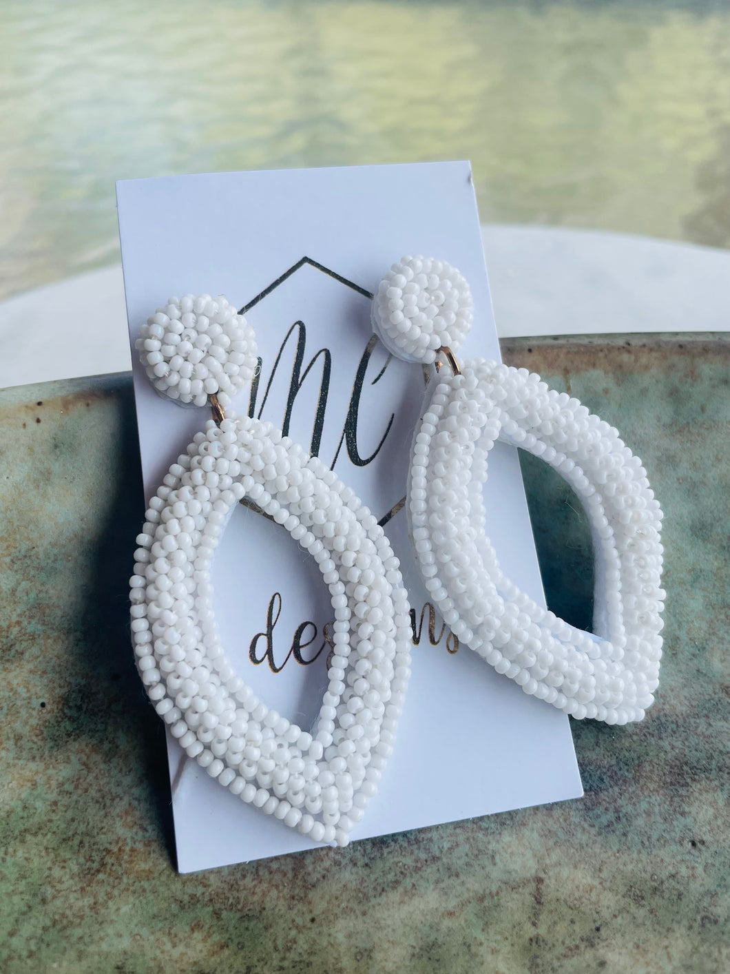 Beaded White Marquise Earrings