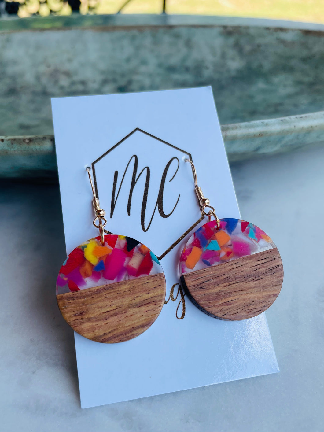 Small Round Wood and Multi-color Acrylic Earrings