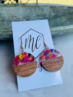 Small Round Wood and Multi-color Acrylic Earrings