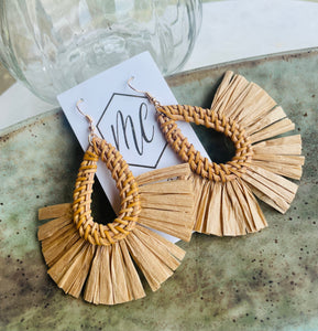 Tan Rattan Teardrop Fringe Earrings