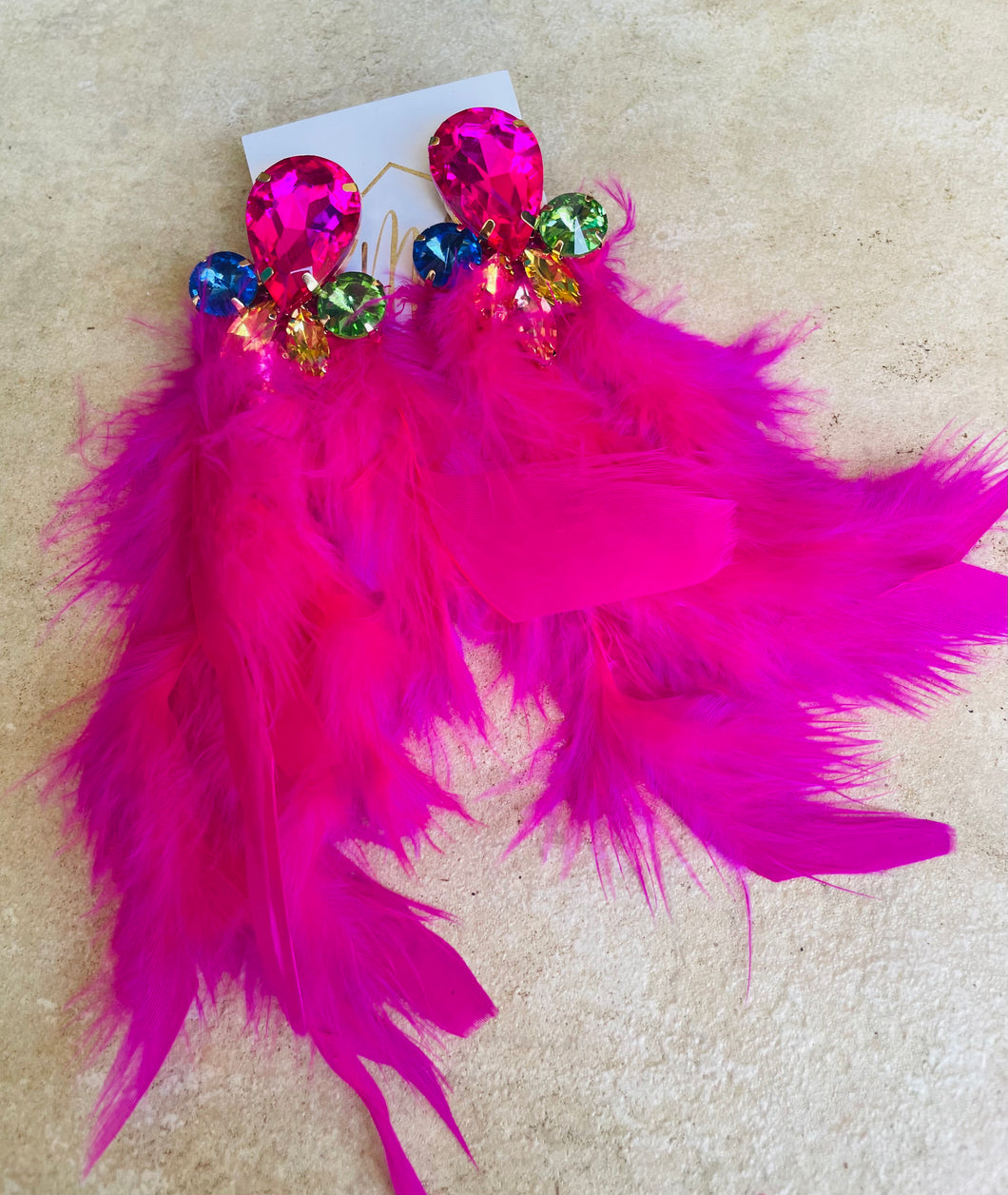 Large Rhinestone and Feathered Earrings