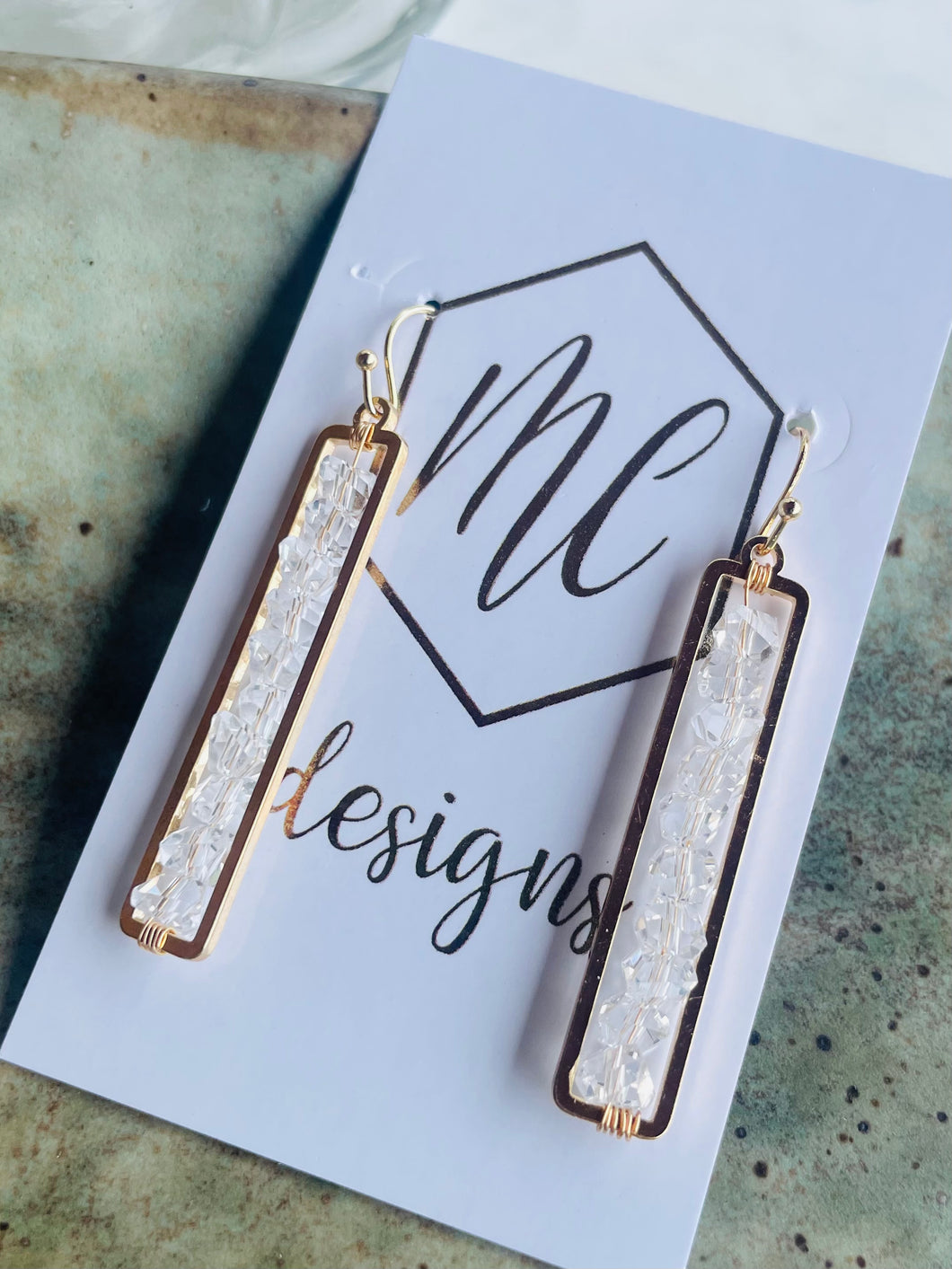 Gold Rectangle Earrings with Crystal Beads
