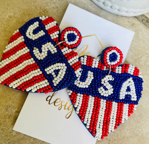 Heart USA Flag Beaded Earrings