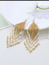 Gold and White Beaded Fringe Earrings