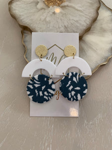 Navy Blue Gold and White Clay Earrings