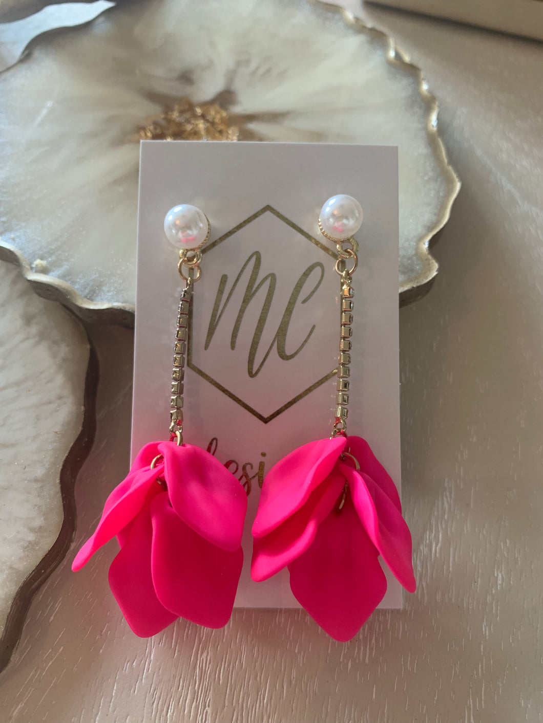 Hot Pink Rhinestone Flower Petal Earrings
