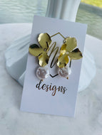 Gold bent flower with pearl drop earrings